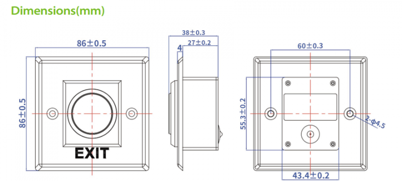 TLEB101 ZKTeco nontouch exit switch EU Size