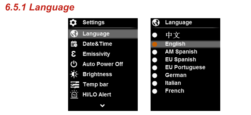 UTi85A Thermal Imager-International Languages Menu