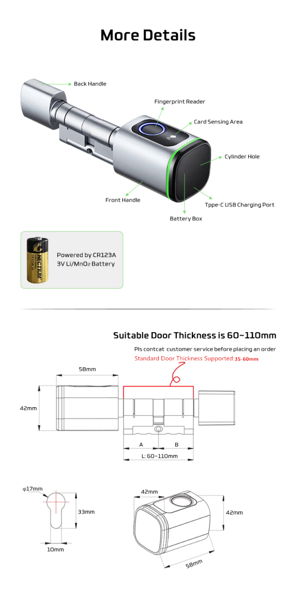 Smart Fingerprint Cylinder Lock Bluetooth Lock S1 works with Tuya Smart-P8